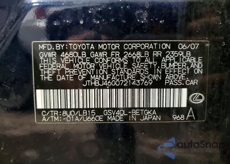 2007 Lexus Es 350 z USA, uszkodzony, nr VIN JTHBJ46G072143769